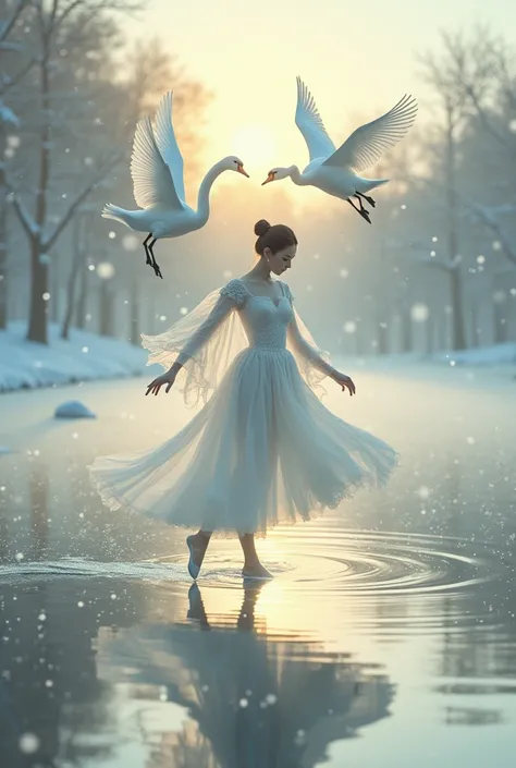 A photorealistic image capturing a slender Japanese woman dressed in an exquisite white ballet outfit, gracefully dancing on the still surface of a snow-dusted lake. Around her, dozens of white swans are in mid-flight, their wings creating a mesmerizing pa...