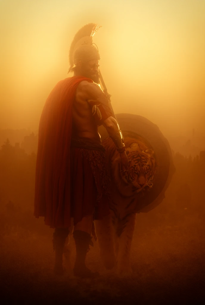 Spartan Warrior and Tiger, an ancient battlefield at dawn, the Spartan warrior stands tall holding a bronze shield and spear, his red cape billowing in the soft morning breeze, while the tiger prowls beside him with its sharp eyes fixed on the horizon, the...