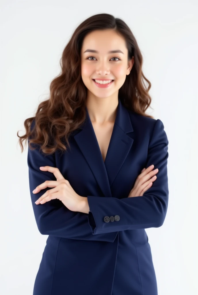  Thai woman,with navy blue business attire, 20 years old, brown long curly hair, brown tan skin, smiling, white studio background, natural look, (best quality:1.3), photo-realistic, highly detailed, high resolution RAW photo, studio light, extreme detail, ...