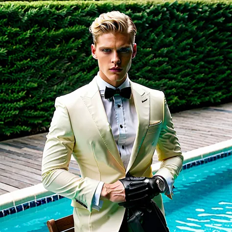 A fashion photograph featuring a young man with short, blonde hair styled in an elegant wave, standing confidently in an outdoor swimming pool. He is dressed in a striking black glossy leather suit, including a double-breasted jacket with broad gold button...