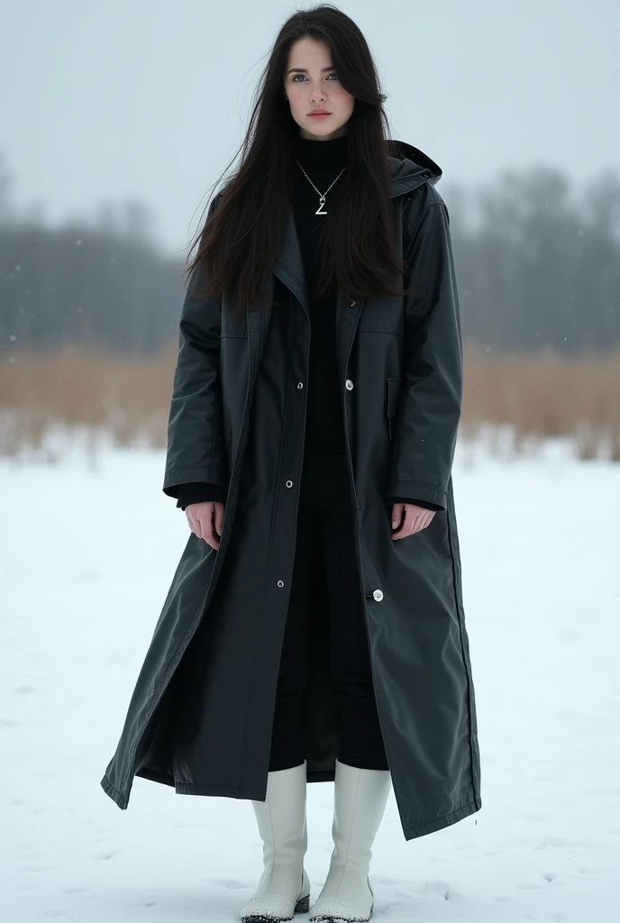 A realistic and detailed image of a German woman with extremely fair skin, long straight black hair, large size L breasts, small size M hips, wearing a fully open black raincoat and white boots. in the background a field of snow