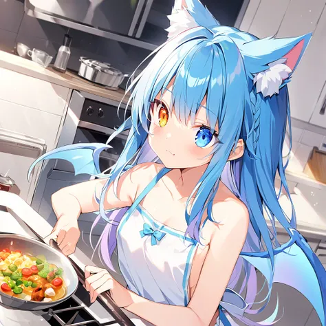  rainbow heterochromia　 girl　Blue Hair　Cat ears　 Dragon Wings 　 cute face　blue wings　naked　 apron　18 years old　 kitchen