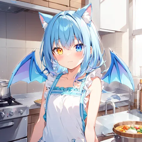  rainbow heterochromia　 girl　Blue Hair　Cat ears　 Dragon Wings 　 cute face　blue wings　naked　 apron　18 years old　 kitchen