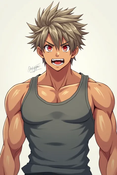 Generate a muscular boy wearing a gray tank top, red eyes, pointed teeth and light brown hair with gray highlights... whatever in anime style