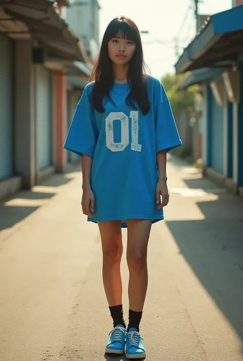 extraordinary photo of a 30 year old Indonesian woman, black hair with bangs, stocky body, wearing an oversized base ball v neck vany blue t-shirt with a small white list with very large numbers written on the chest "01" and a black mini skirt, and Adidas ...