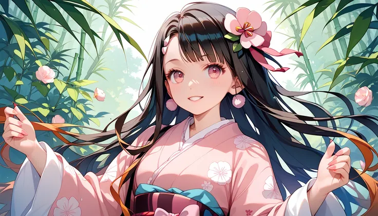 A cute girl with long black hair, flowing, large, sparkling pink eyes, wearing a highly detailed Nezuko Kamado cosplay costume, her pink kimono with hemp leaf pattern and bamboo muzzle, intricate details, beautiful, gorgeous, anime style, manga style, illu...