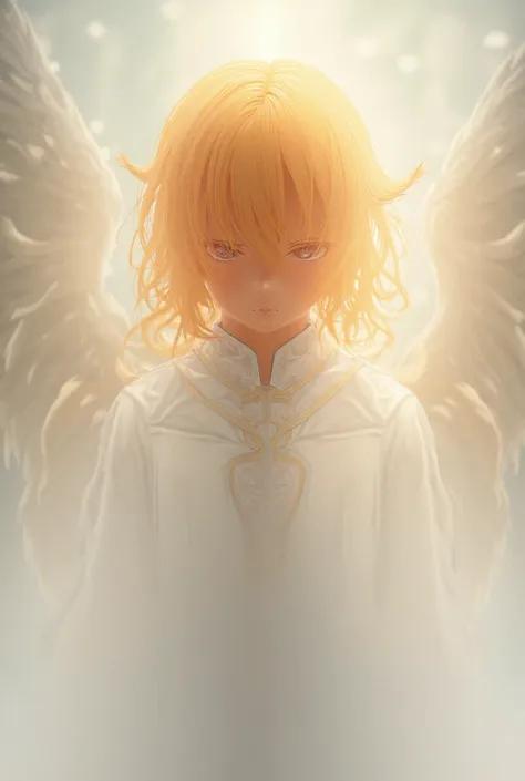 A blond boy with long hair and ponytail ,  in an elegant white uniform with 6 wings like serafin and 2 wings that cover his eyes, leaving only a red one 