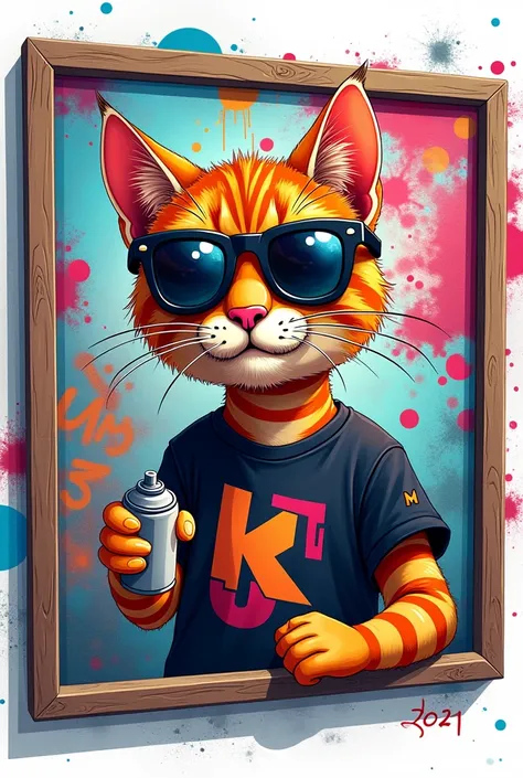 cat drawing graffiti in sunglasses,Splash，T-shirt logo ，（（ white background）），（ in a frame ）