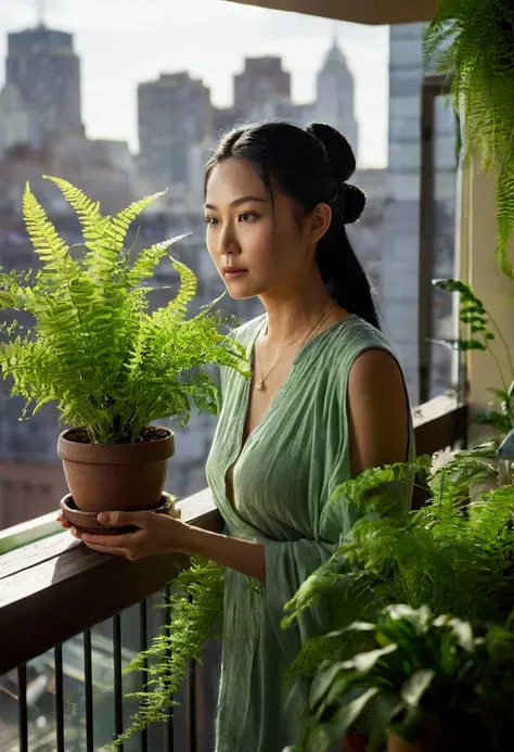 A highly realistic scene of a stunning East Asian woman with long, silky black hair tied back in a casual bun, watering an array of vibrant green plants on a small urban balcony. The sunlight streams in from the side, casting intricate, dynamic shadows fro...