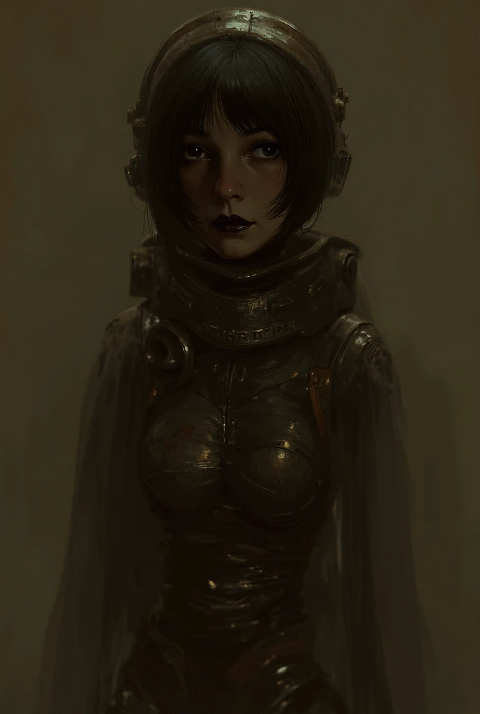 retro, sci-fi, fantasy.
cleaning girl scavenger, sci if rusty dirty full body uniform, cap helmet, armour, armour boots.
Dark eyes, short dark hair, pale skin, pale face, black lipstick.
Standing in partial shade, volume dim light.