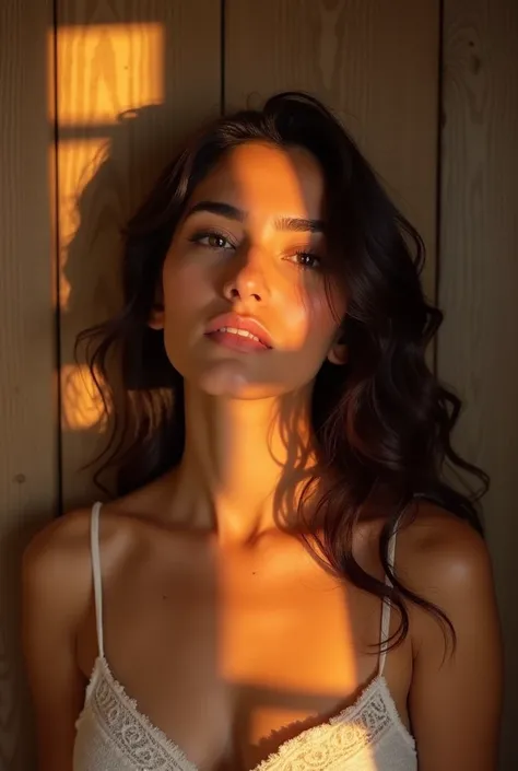 there is a woman that is standing in front of a wooden wall, a picture by reyna rochin, instagram, realism, she has a glow coming from her, she is about 1 , with the sun shining on it, she is facing the camera, beautiful mexican woman, selfie of a young wo...