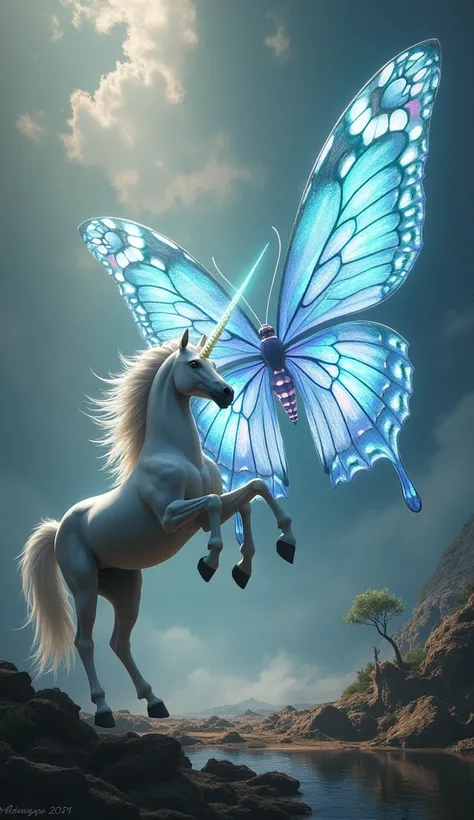 intense face-off between unicorn and giant butterfly 