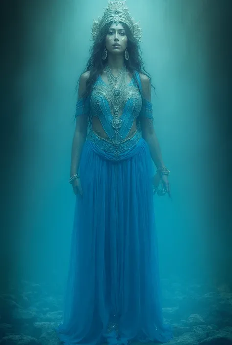 Goddess Ganga standing in blue clothes, bright face, Mahabharata period, Indian atmosphere, 4K, slight darkness