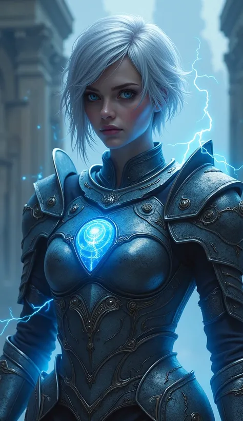 A striking warrior with short silver hair and stormy gray eyes. Her heavy armor is forged from enchanted steel, glowing faintly with blue lightning that dances across its surface. Her massive pauldrons and gauntlets emit crackling energy, while her chest p...