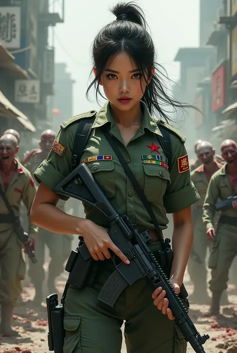 realistic female sexy chinese military with flag Neverland logo killing zombie 