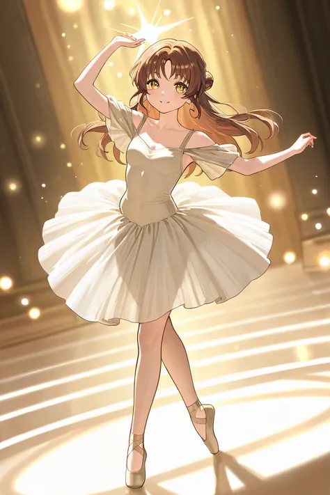 A woman that is a ballerina singer. She has really long brown haired with shinny golden eyes holding light beige ballet slippers. There is magic flowing and stars surrounding her. She is brave and smiling. 