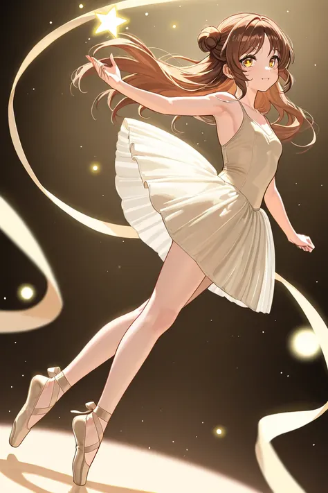 A woman that is a ballerina singer. She has really long brown haired with shinny golden eyes holding light beige ballet slippers. There is magic flowing and stars surrounding her. She is brave and smiling. 