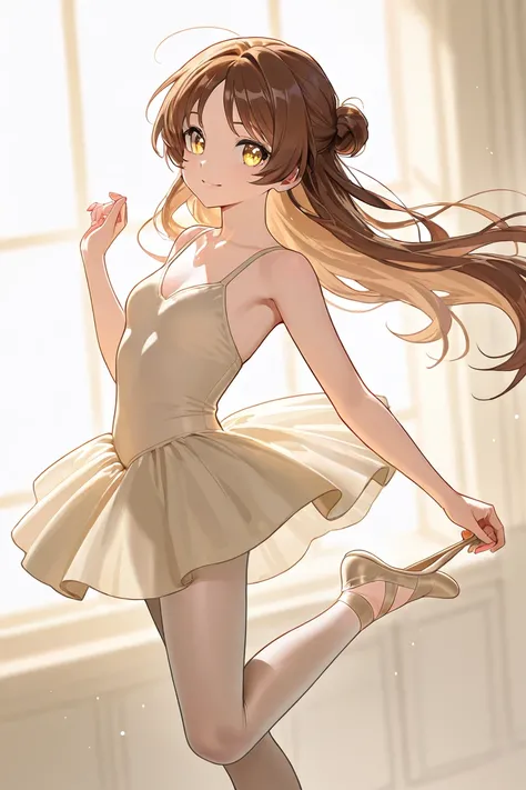 A woman that is a ballerina singer. She has really long brown haired with shinny golden eyes holding light beige ballet slippers. There is magic flowing and stars surrounding her. She is brave and smiling. 