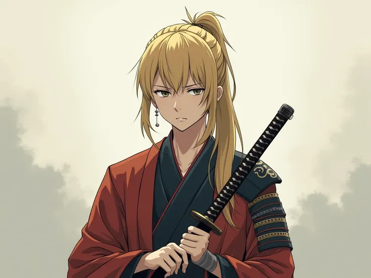 Young blond man, samurai, 1,78 meters,  ponytail earrings,  holding a katana. samurai clothes,  shoulder pad of samurai . Discouraged and emotionless face. art style: anime