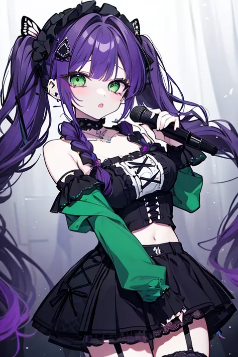 A beautiful girl with emerald green eyes, deep purple hair in twin tails and braids, wearing piercings, a gothic lolita dress with lace fabric, choker, and mini skirt showing her midriff, has a cool and sexy expression while passionately singing a rock son...