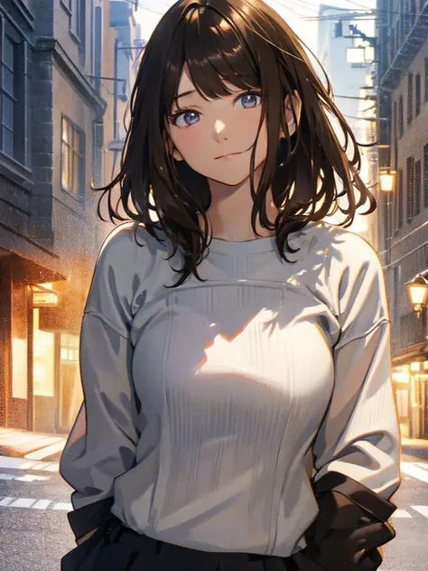 1girl,  small breasts,white tee shirt,black skirt,medium hair
face close-up,I can see the side,Hi-Res、masterwork、Chizuru Ichinose、Brown hair、i&#39;m、Female one、outside of house、Detailed background、A detailed eye、（（brown-eyed））,Beautiful and perfect legs, C...