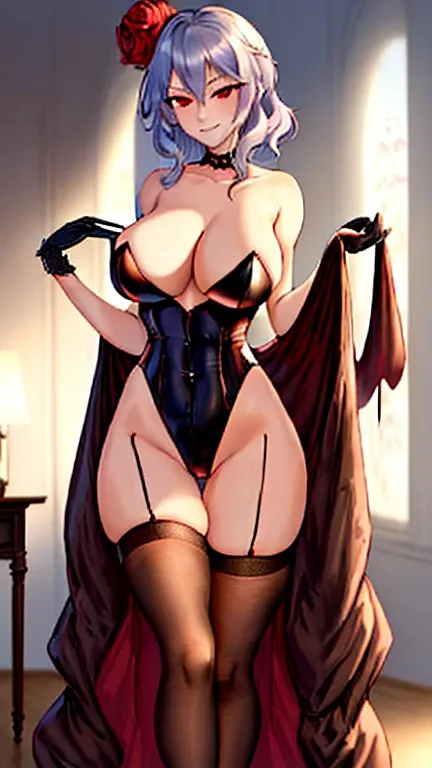 
{{masterpiece, ultra-high quality, ultra detailed,}} Remelia Scarlet, tall woman, aged up, vampire woman, bedroom,black bunny girl suit, huge breasts, bearing hips, sultry smirk, seductive poses, large chair,