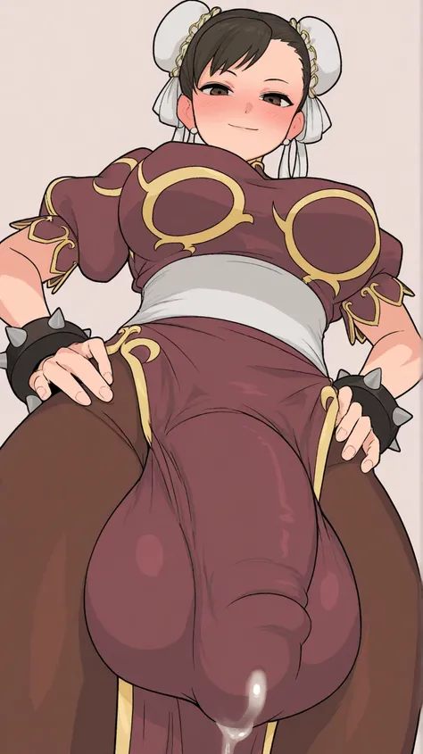 Chun-Li ( street fighter iii series ), solo, looking at viewer, peaceful smile, blush, closed mouth, futanari, huge bulge, pre-cum, hands on own hips, below view