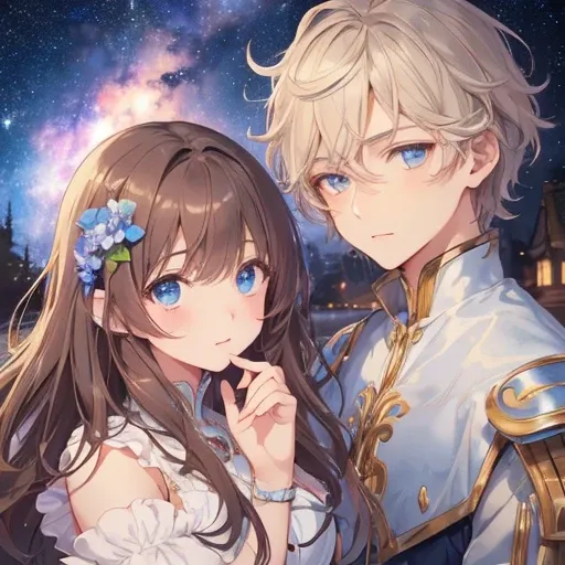  boy and girl、 super detailed ,Light color,  very beautifully detailed anime face and eyes ,   shiny wavy brown hair、  Delicate and Beautiful Face, 、Blue eyes， Beautiful Delicate Eyes，cute girly beautiful girl (solo:1,2)， has a ， resting her chin on an ant...