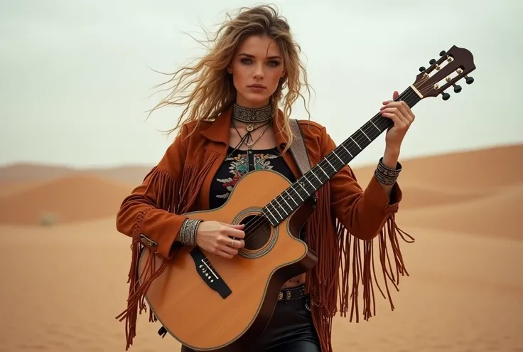 Real, Realist, Alive, beautiful european female bimbo, in desert, Guitar, Guitarist, Playing the guitar, Fringe jacket in deep rust or black suede, worn over a distressed graphic tank. 
Fitted leather pants with lacing or embroidery that evokes tribal patt...