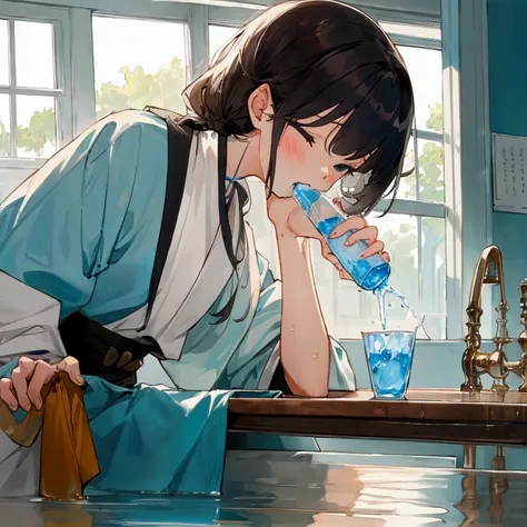 A girl，A boy drinking water ，