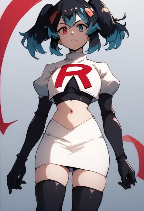 score_9, score_8_up, score_7_up, source_anime, 1girl, Switchchan, heterochromia, team rocket,team rocket uniform,white skirt,red letter R,crop top,black thigh-highs,black elbow gloves, cowboy shot