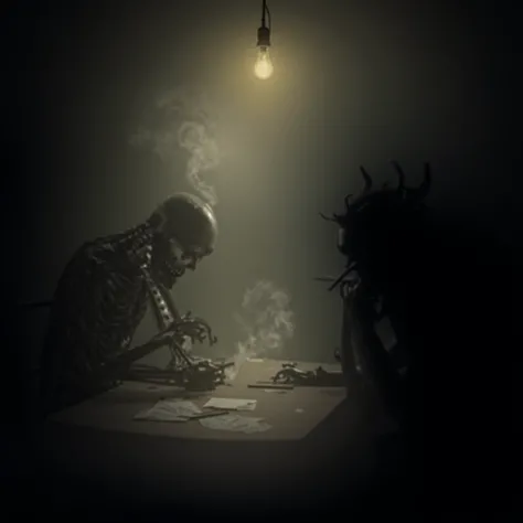 Small light bulb hangs above the table. The skeleton sits at the table and writes a letter with a large pen, bending over the letter.   opposite sits a dark silhouette of a demon with horns and no eyes, leaning his head on his hand with a cigarette. a trai...