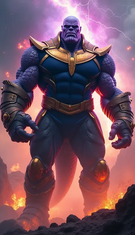 
"A terrifying fusion of Thanos and a fierce dinosaur, creating an immense and powerful being. The creature has Thanos recognizable features, like his muscular build and gauntlet, but combined with the menacing, reptilian traits of a dinosaur—sharp teeth, ...