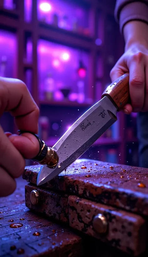 knife being sharpened on a whetstone with purple image background 