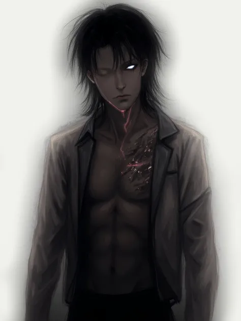 Tall guy looking around 18 years old with slicked back shoulder length black hair, is a GUY, and silver colored irises. His skin is pale, the left side of his body is a dark grey-brown color and looks like it is decaying with glowing pink veins. His clothe...