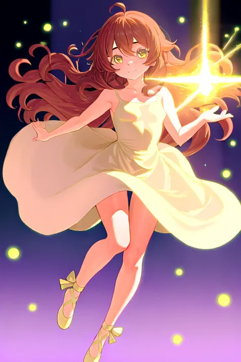 A woman that is a singer. She has really long wavy brown haired with shinny golden eyes holding light beige ballet slippers. There is magic flowing and stars surrounding her. She is brave and smiling. Also there is a little fairy boy on the scene near to h...