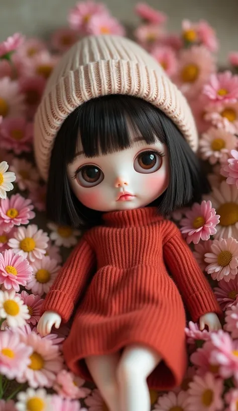  Asian Blythe doll 、 with medium short straight hair、 with bangs that adorn the face 。 in a soft alternative style 、Red sweater and knitted hat 、 dark brown hair 、Black eyes 、 white skin、 plump cheeks 、 pink lips、 lie down on the floor covered with colorfu...