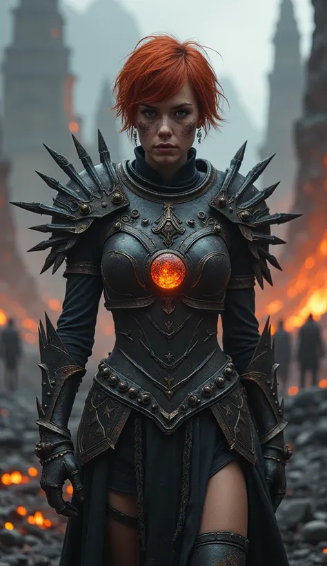 A fierce warrior with short, fiery-red hair and ash-streaked skin. Her medium armor is crafted from blackened steel and volcanic rock, with embers smoldering along its edges. Jagged spikes protect her shoulders, while her chest plate glows faintly with the...