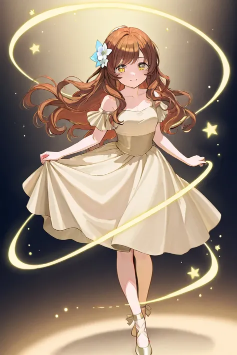 A woman that is a singer. She has really long wavy brown haired with shinny golden eyes holding light beige ballet slippers. There is magic flowing and stars surrounding her. She is brave and smiling. Also there is a little fairy boy near to her with a bra...