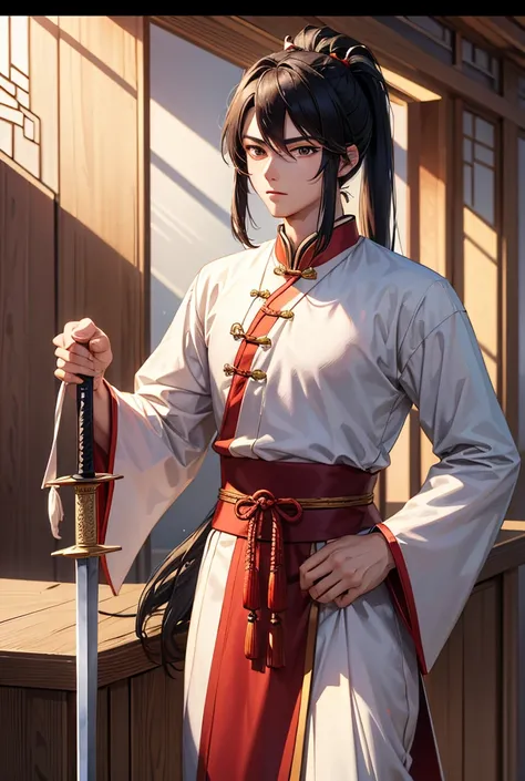 ((best quality)), ((masterpiece)), (detailed) Anime boy, 20 years old, calm, gentle, traditional Chinese outfit, long hair, pony tail chinese style, holding sword