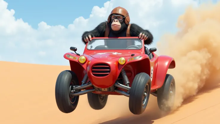 Realistic image of a red raid car jumping over a dune, the driver are a gorilla with leather pilot helmet and pilot glasses with a funny expression, very dynamic image with a strong perspective. The view should be three-quarters front