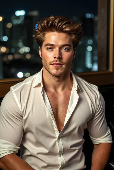 Froy Gutierrez. The image is a high-resolution photograph of Froy Gutierrez standing in a hotel room at night. His hair is a tousled, light brown colour, styled in a messy, casual manner. He has a fair complexion with a light stubble and a strong jawline. ...