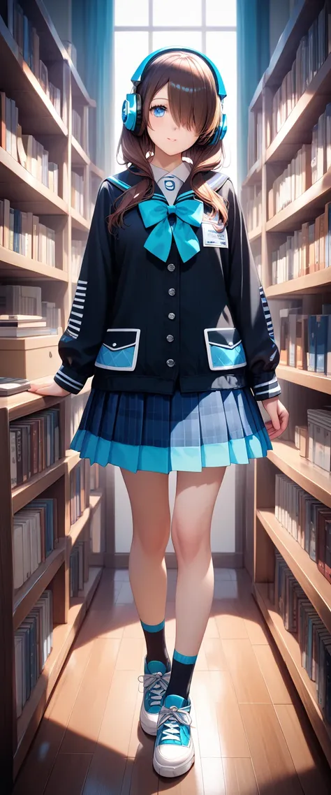  masterpiece, best quality, extremely detailed CG unity 8k wallpaper, a shy girl with long reddish-brown hair covering one eye, large, gentle blue eyes, wearing a highly detailed Miku Nakano cosplay costume, her school uniform with headphones around her ne...