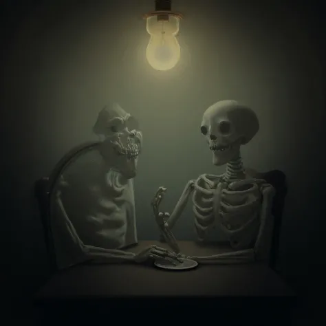 A skeleton sits at a table in a room. The room is lit by a light bulb hanging above the table. The skeleton looks into a large mirror on the table, and there is a dark silhouette of a demon without eyes who is smiling. 