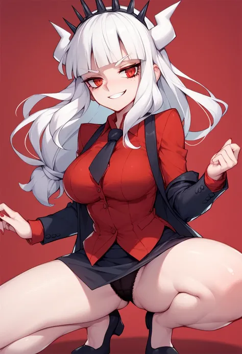  young woman  , tall woman, seria ,  red eyes white hair  (Lucifer Helltaker) controlled by you ,  mental reprogramming ,  she wears a red dress suit  ,  big boobs crouched in front of you with her tits leaning against you ,  she affectionately wants to pl...