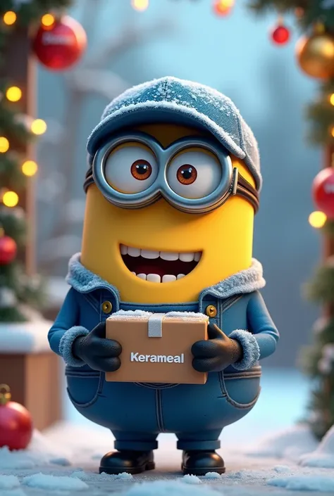 Create minion holding a food packet , in cold climate with xmas decorations in the backgrounf , the food packet and minion jacket shd say “kerameal “ . Dress up minion like a delivery boy 