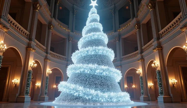 An enormous spiral diamond Christmas tree on a ballroom