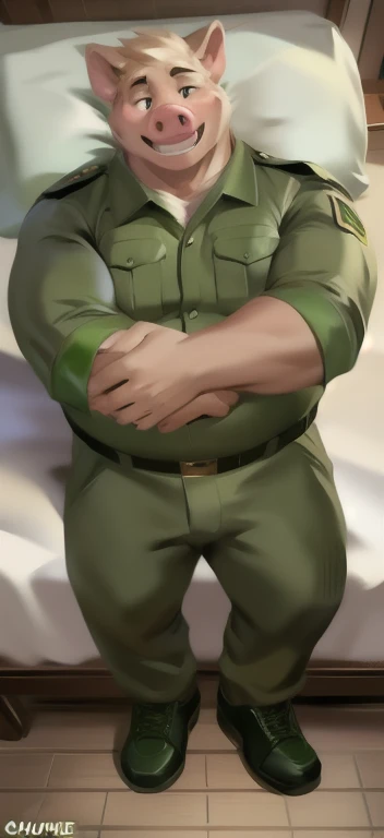 Solo, male Tall​l, sleep, bed,pig,Grabbing ,Green military Army uniform, Wear combat shoes, overweight, muscular, Sexual​ Emotions​ happy​, by chunie