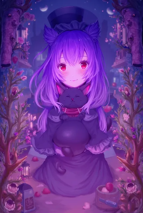 1girl, cat ears, purple hair, red eyes, kawaii, , cute, lolita clothes, black hat, little smile,BREAK,(night city:1.3), hug black cat pose, plants, lantern, wooden bucket, scrolls, blackboard, vase, pot, jar, knife, flowers petals, poster, anime visual,mas...