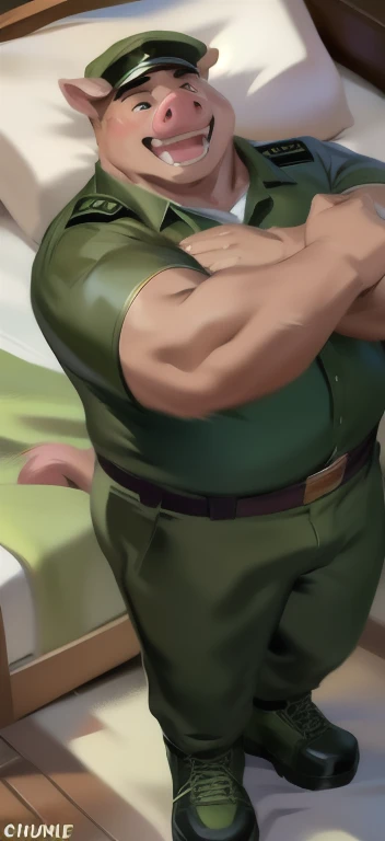 Solo, male Tall​l,huge body,​sleep, bed,pig,Grabbing ,Green military Army uniform, Wear combat shoes, overweight, muscular, Sexual​ Emotions​ happy​, by chunie